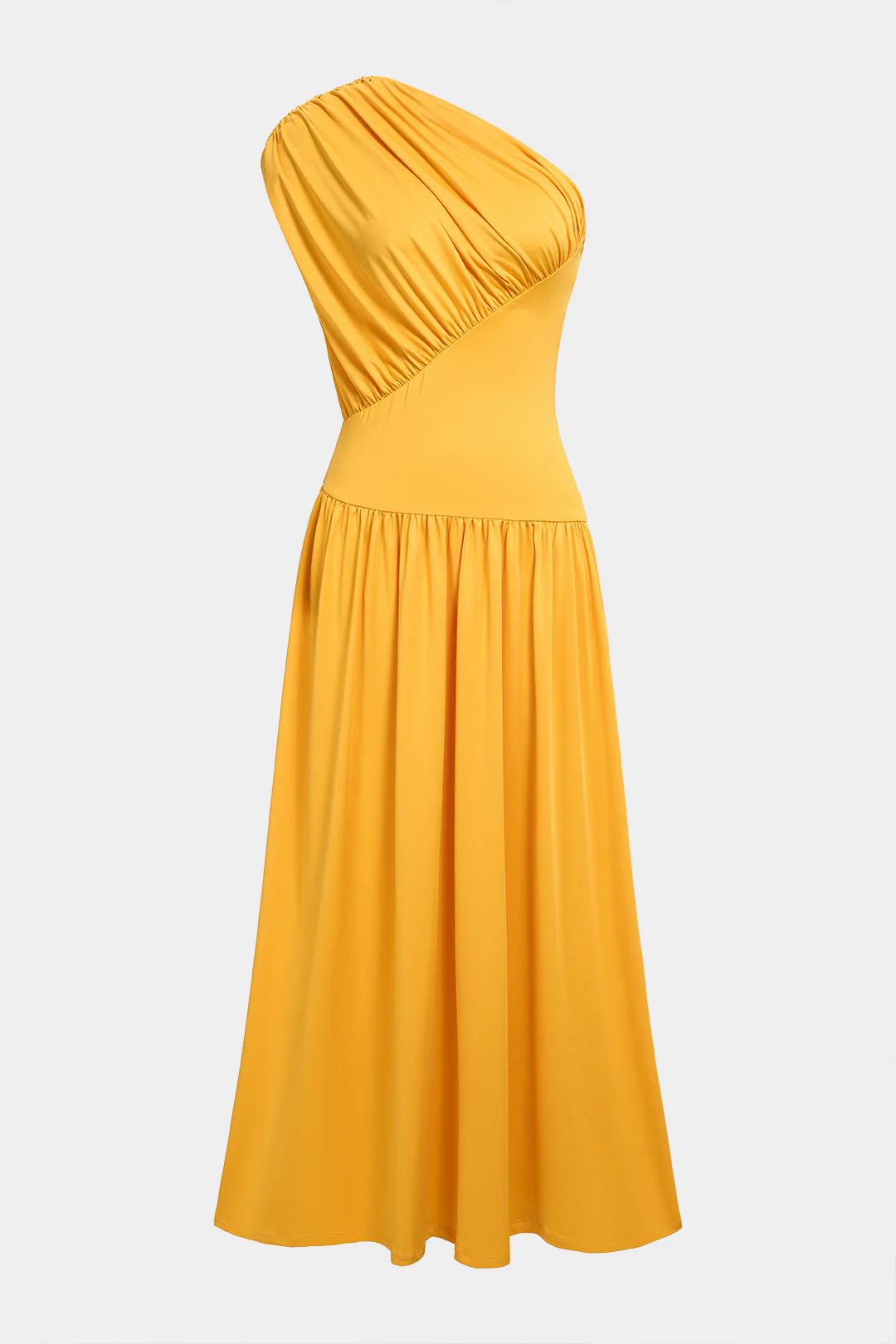 Solid One Shoulder Asymmetrical Ruched Sleeveless Maxi Dress - Flockneti