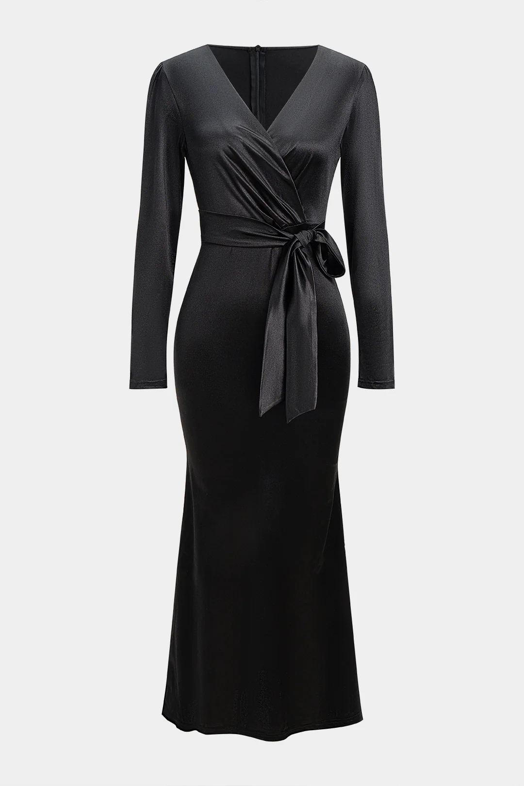 Satin Ruched V-Neck Belted Long Sleeve Midi Dress - Flockneti