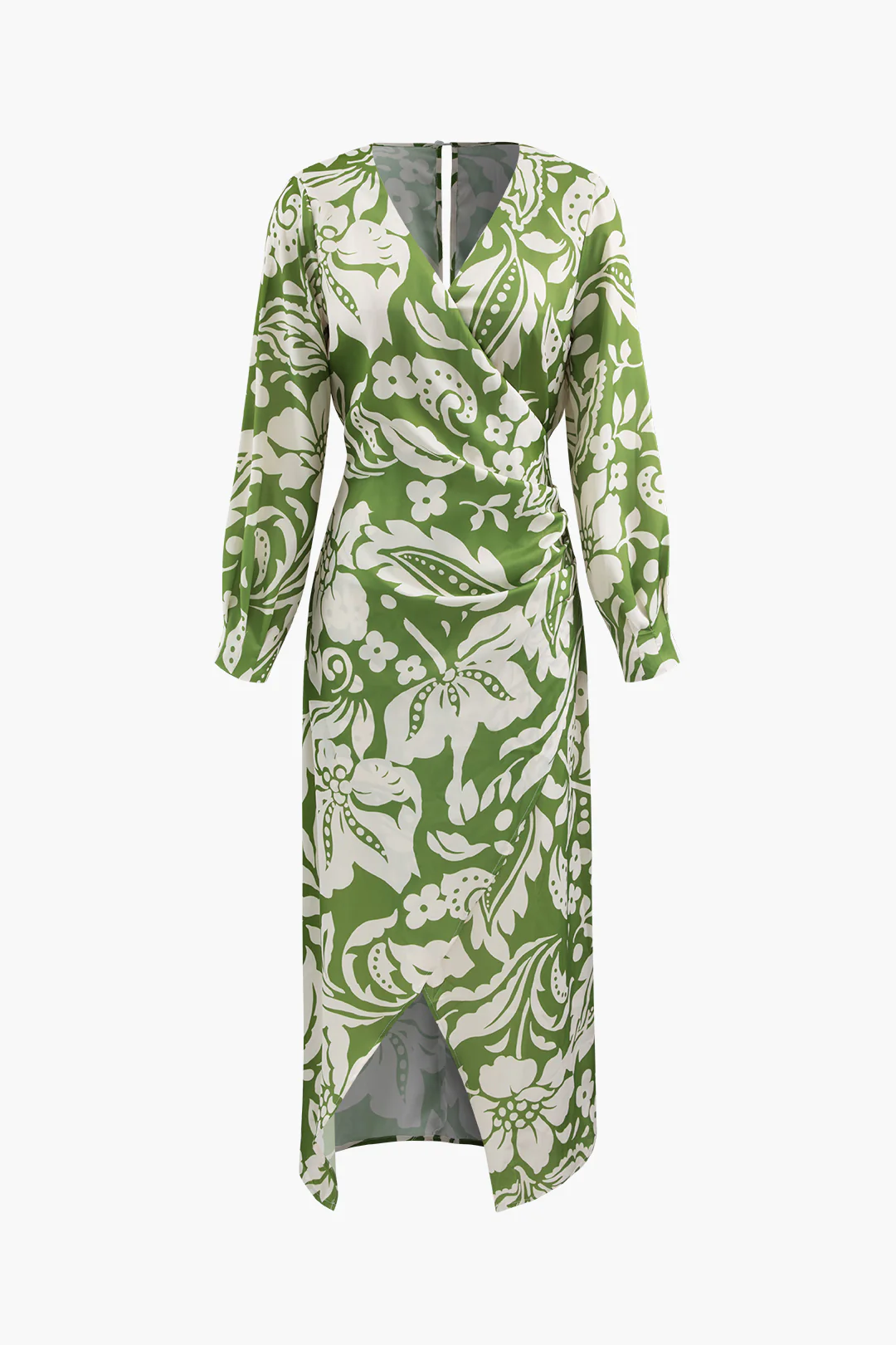 Floral Print V-Neck Asymmetrical Ruched Long Sleeve Maxi Dress - Flockneti
