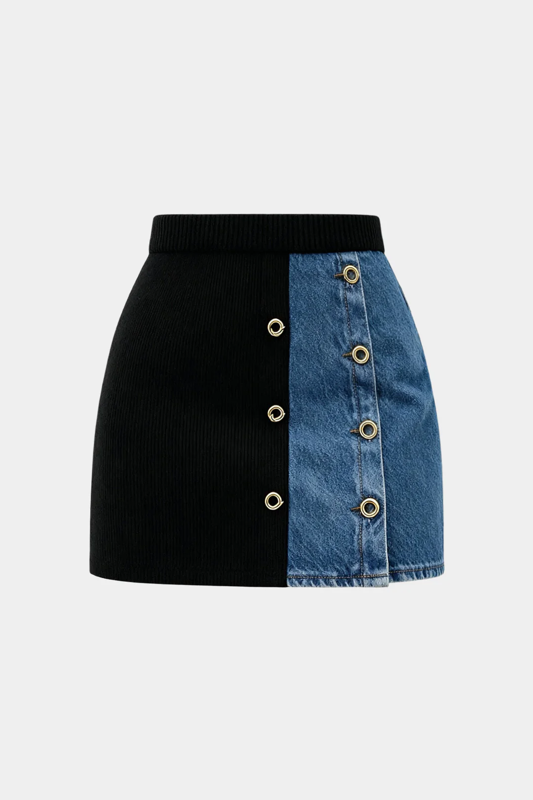 Knit Denim Patchwork Metallic Eyelet Mini Skirt - Flockneti