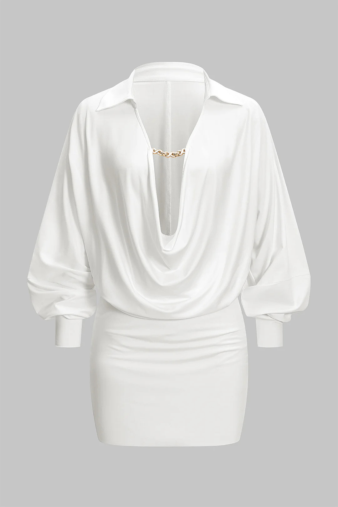 Ruched Draped Cowl V-Neck Long Sleeve Mini Dress - Flockneti