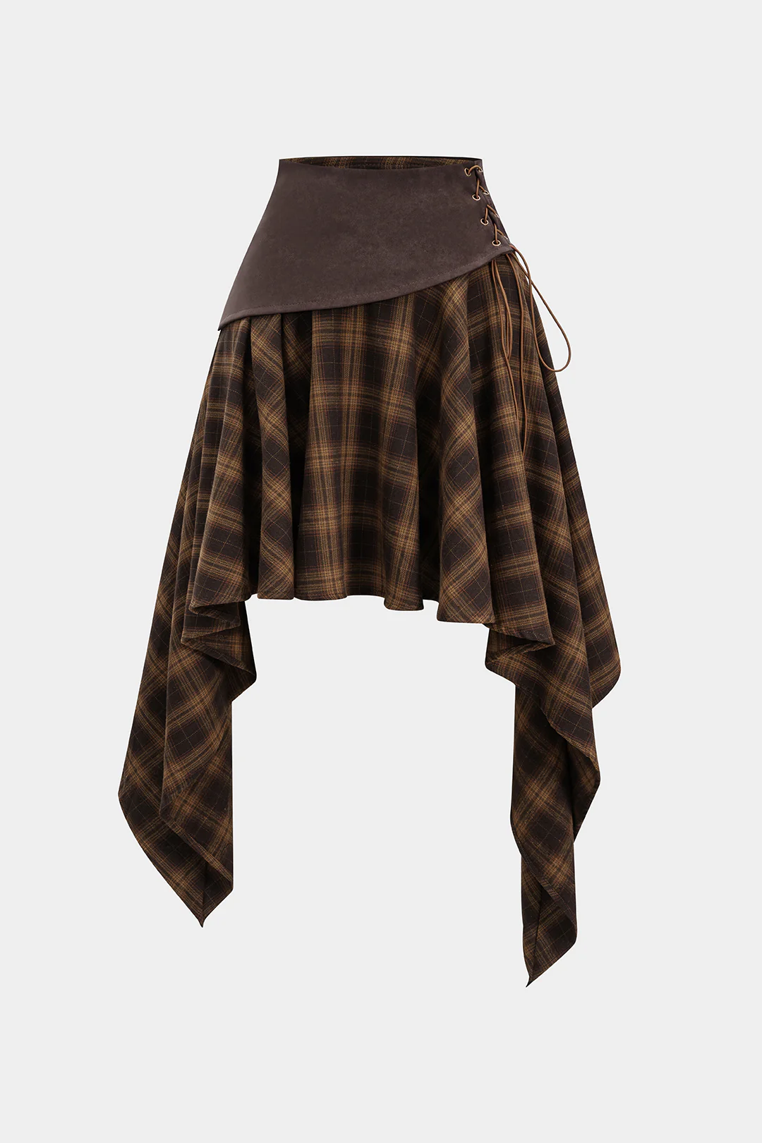 Plaid Print Faux Leather Patchwork Tie-Up Skirt - Flockneti
