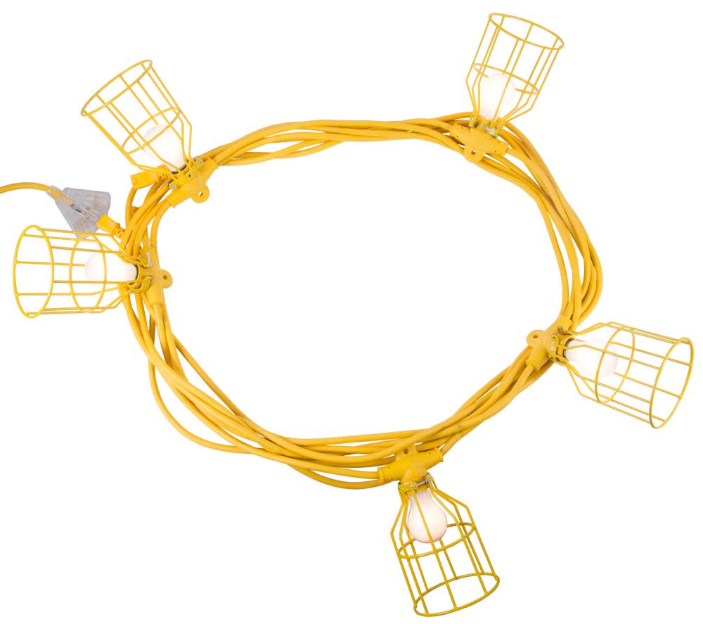 Bergen Industries 50 ft. 12/3 SJTW 5-Metal Cage Temporary Work Light Stringer 15A Male/Female Ends Yellow - Flockneti