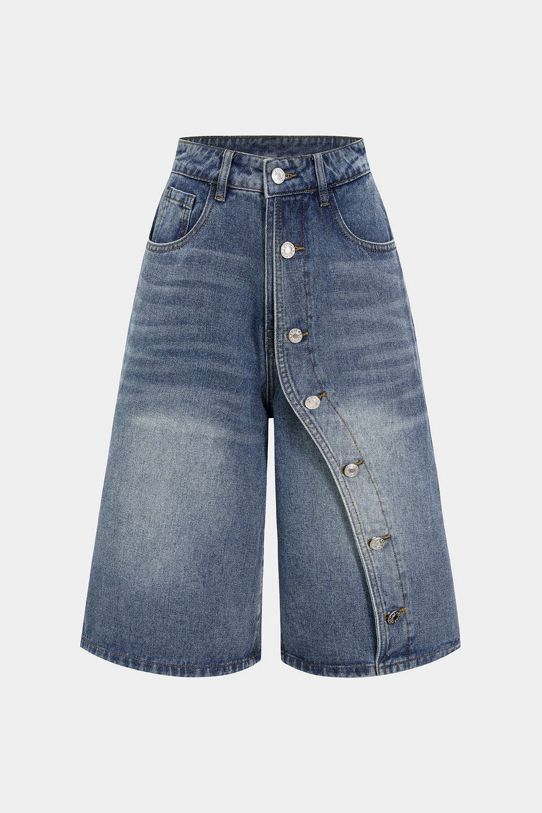 Denim Asymmetrical Button Shorts - Flockneti