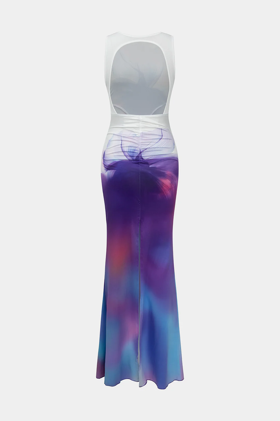 Ombre Floral Print Backless Ruched Sleeveless Maxi Dress - Flockneti