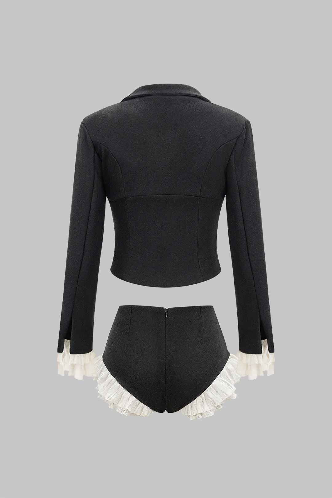 Woolen Patchwork Zipper Collar Top And Scallop Edge Shorts Set - Flockneti