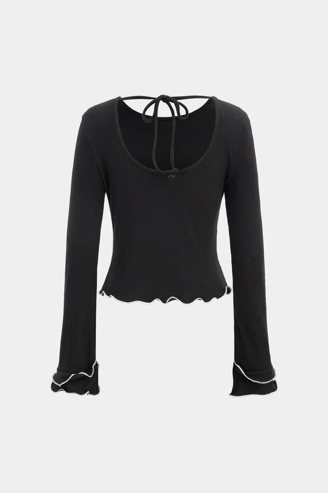 Contrast Scallop Edge Tie-Up Long-Sleeve Top - Flockneti