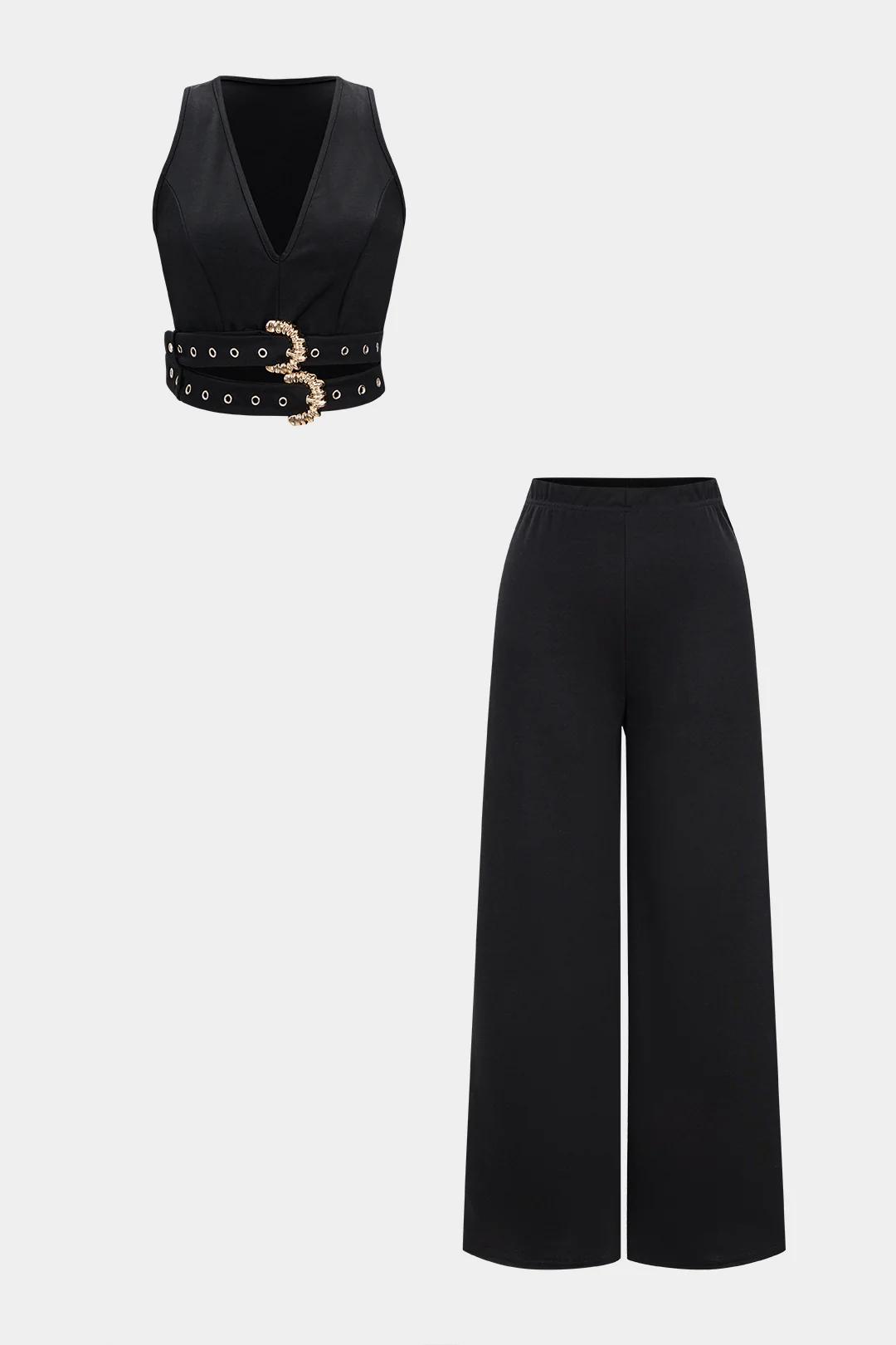 V-Neck Belted Tank Top And Wide Leg Pants - Flockneti