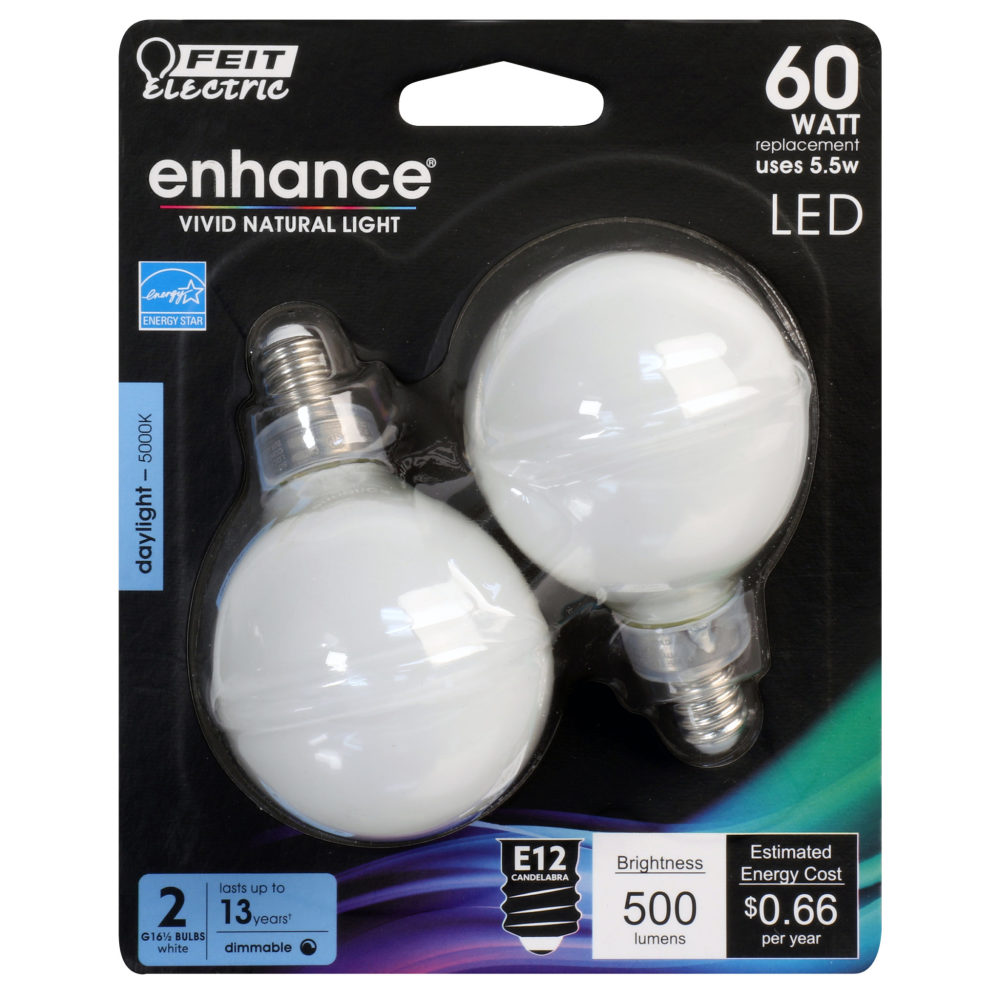 Feit Electric 60W G16.5 E12 5000K Dimmable LED Bulb 2pk - Flockneti