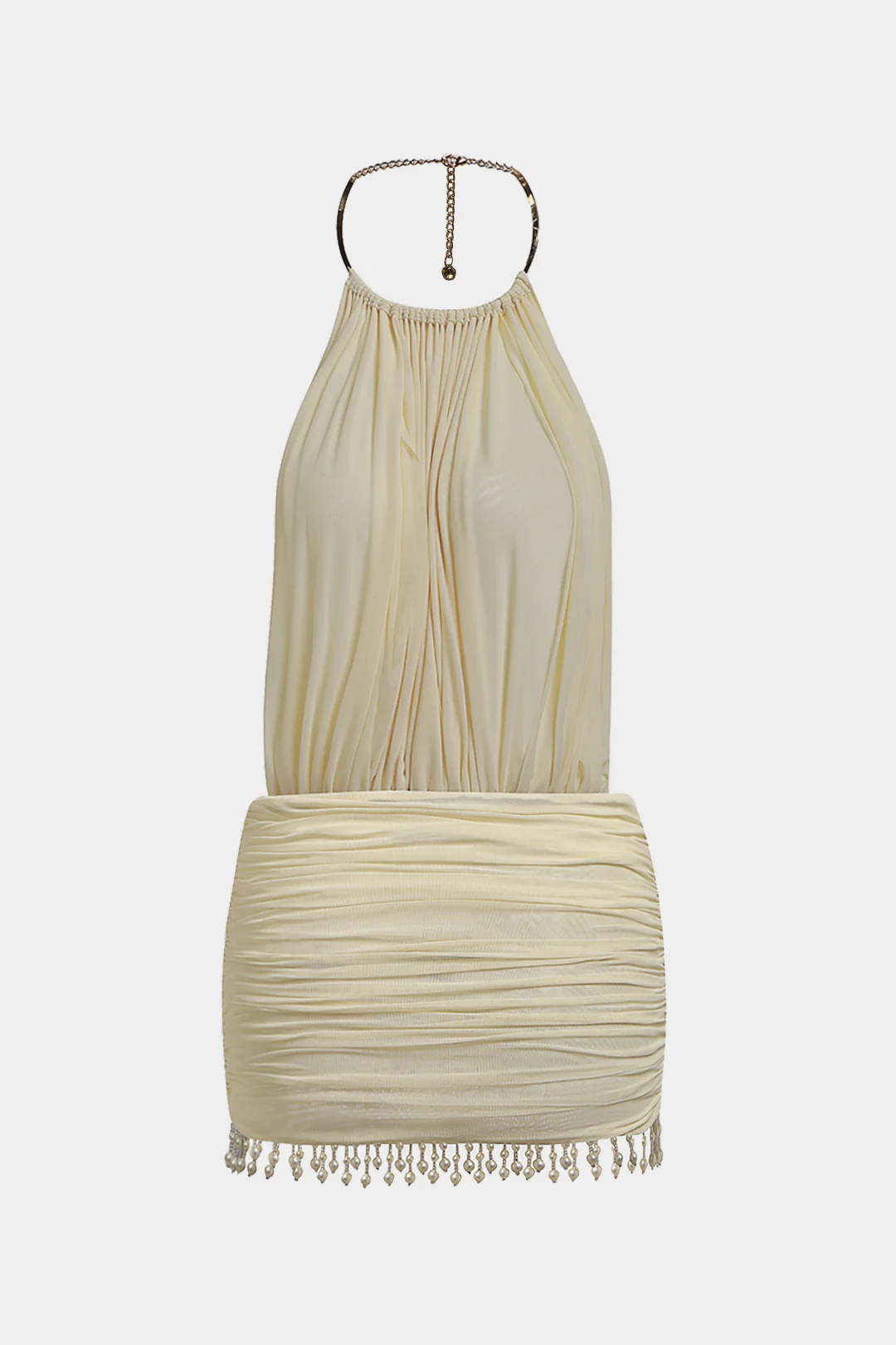 Mesh Halter Neck Pearl Decor Ruched Sleeveless Mini Dress - Flockneti
