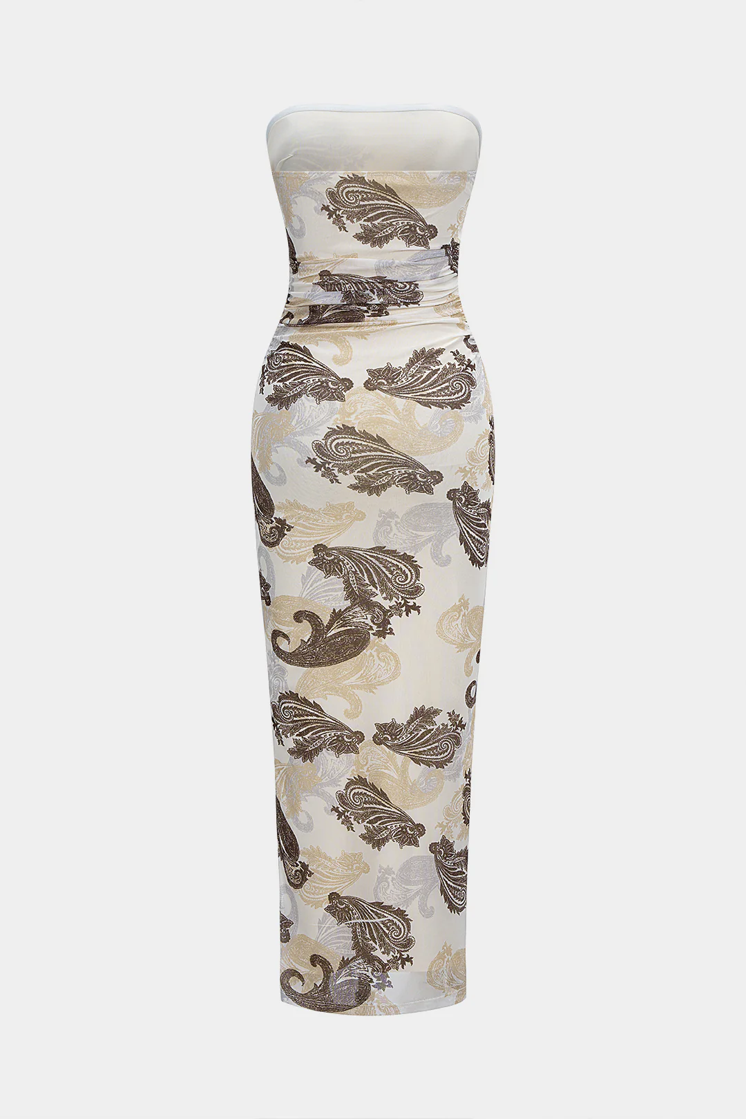 Paisley Print Mesh Ruched Strapless Sleeveless Maxi Dress - Flockneti