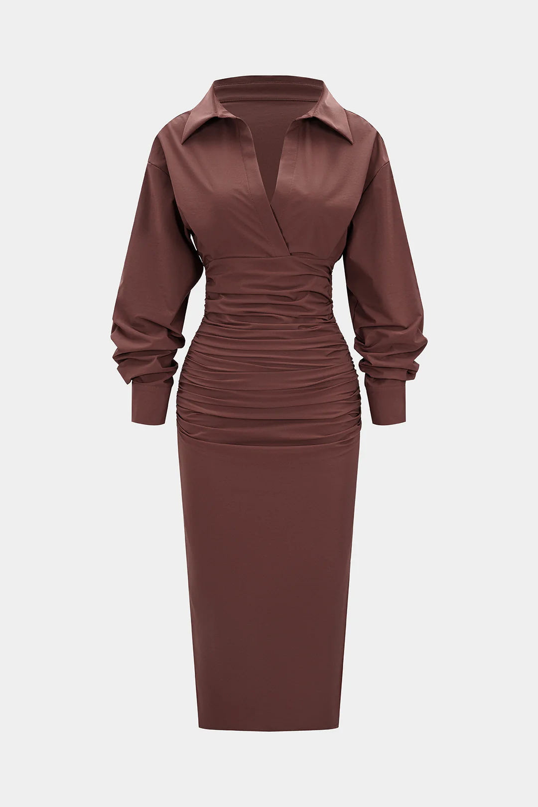 Solid Ruched Long Sleeve Midi Dress - Flockneti