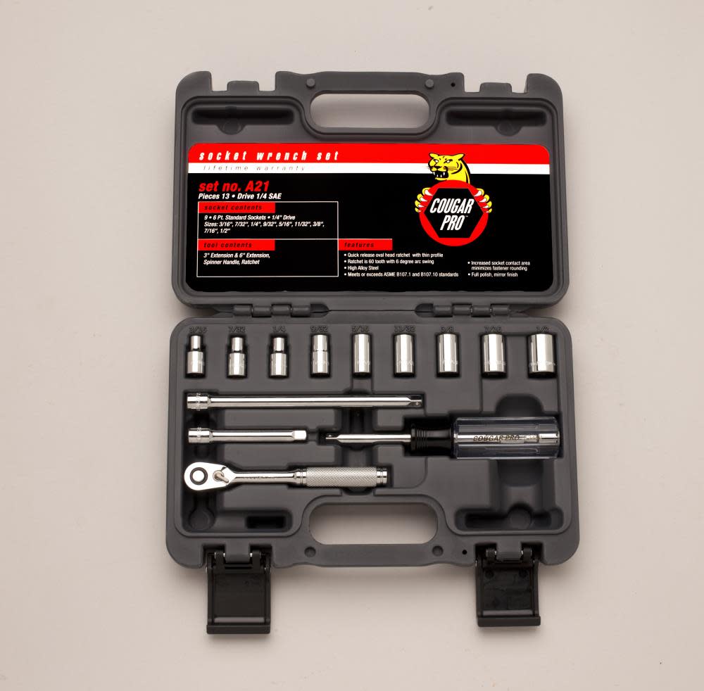 Cougar Pro 1/4 In. Drive 13 pc. 6 pt SAE Socket Set - Flockneti
