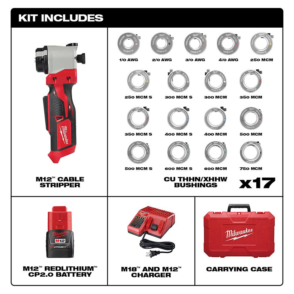 Milwaukee M12 Cable Stripper Kit with 17 Cu THHN / XHHW Bushings - Flockneti