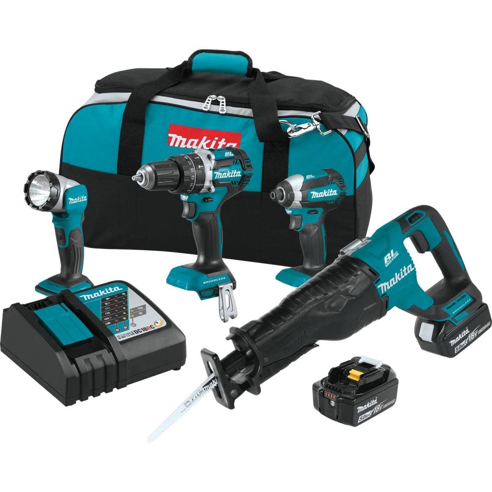 Makita 18V LXT Lithium-Ion Brushless Cordless 4-Pc. Combo Kit (5.0Ah) - Flockneti