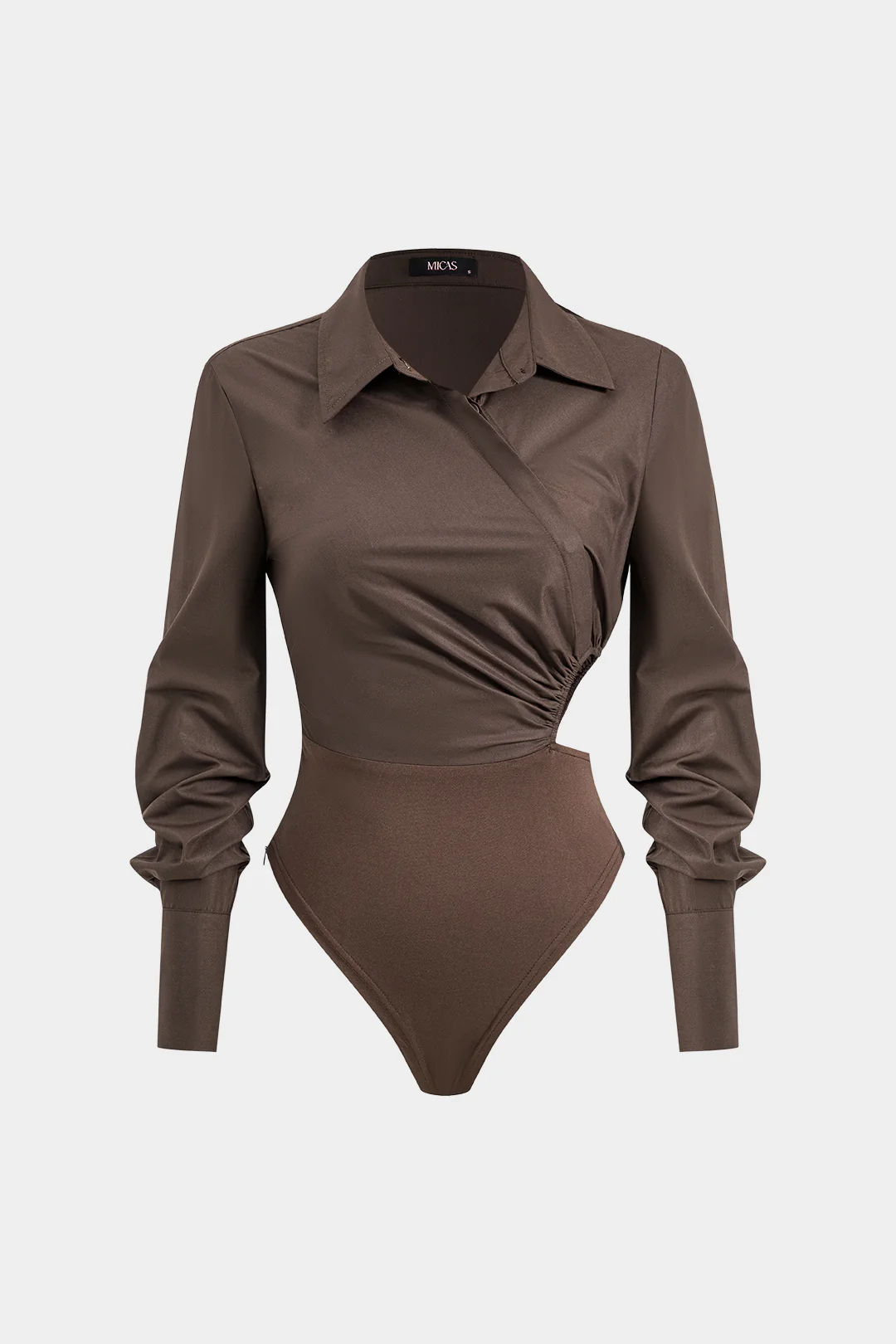 Asymmetry Patchwork Ruched Cut Out Long Sleeve Bodysuit - Flockneti