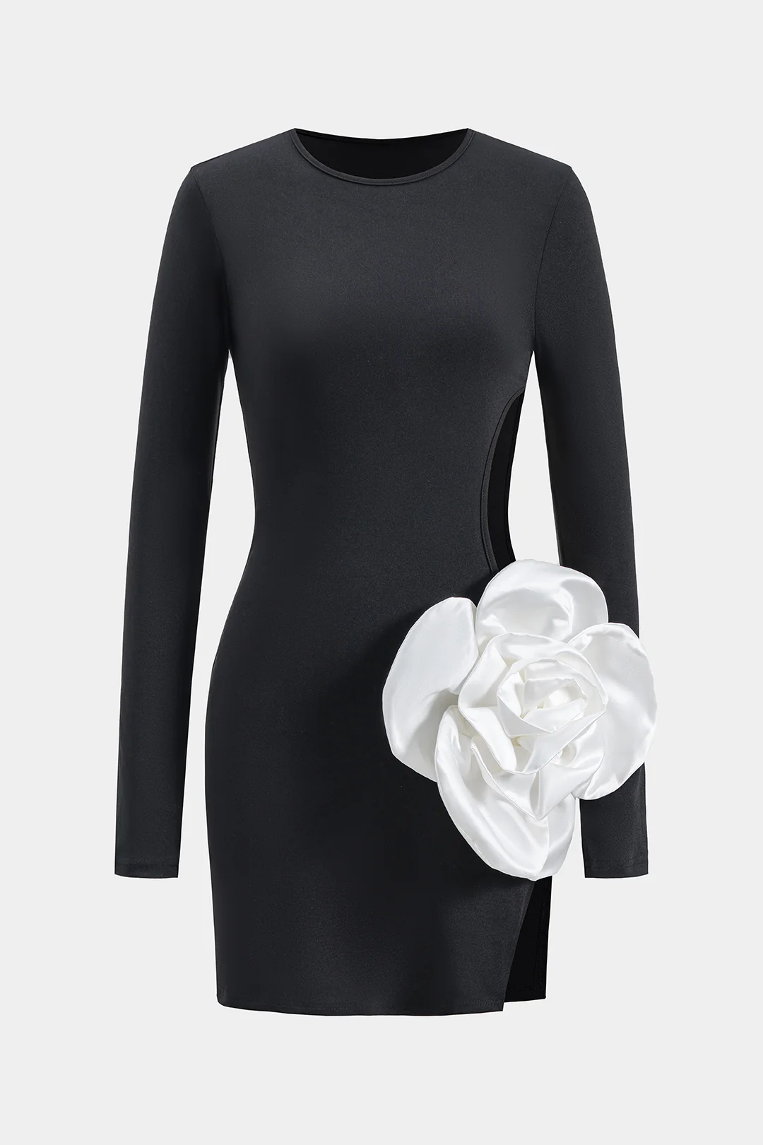 3D Floral Decor Round Neck Cut Out Long Sleeve Mini Dress - Flockneti