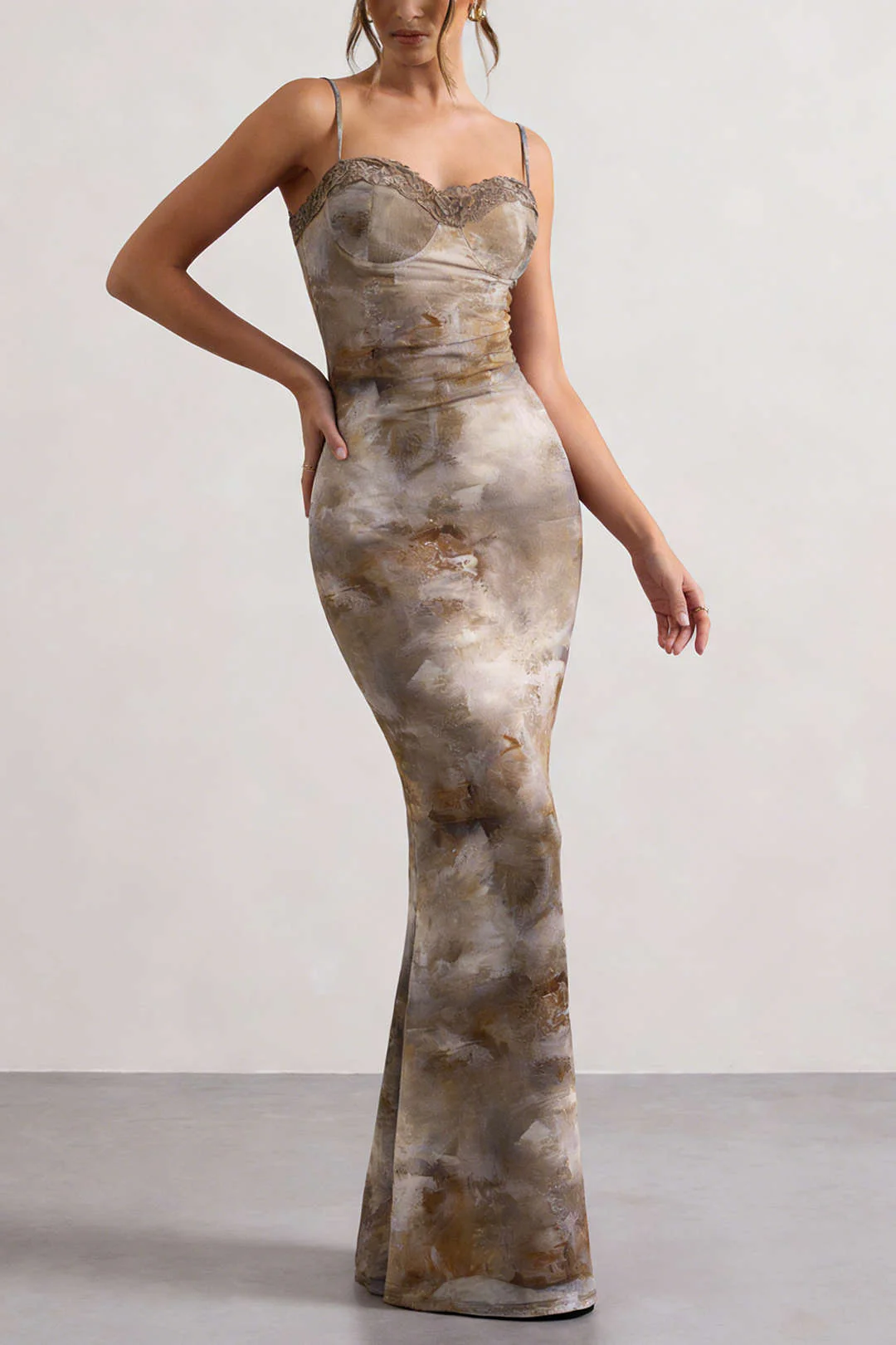 Abstract Print Patchwork Lace Trim Bustier Sleeveless Maxi Dress - Flockneti