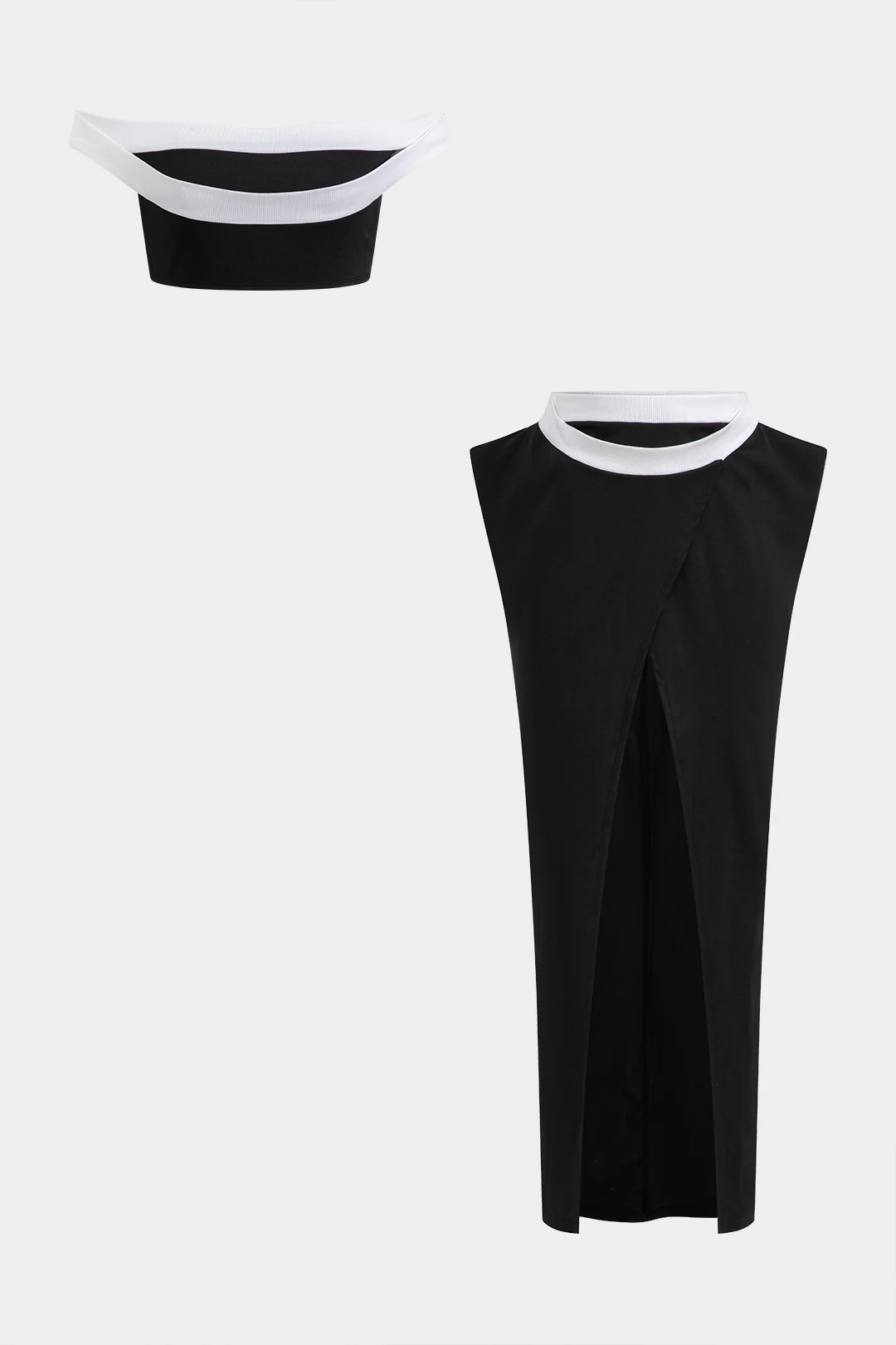Contrast Off-Shoulder Sleeveless Top And High-Waisted Split Skirt Set - Flockneti
