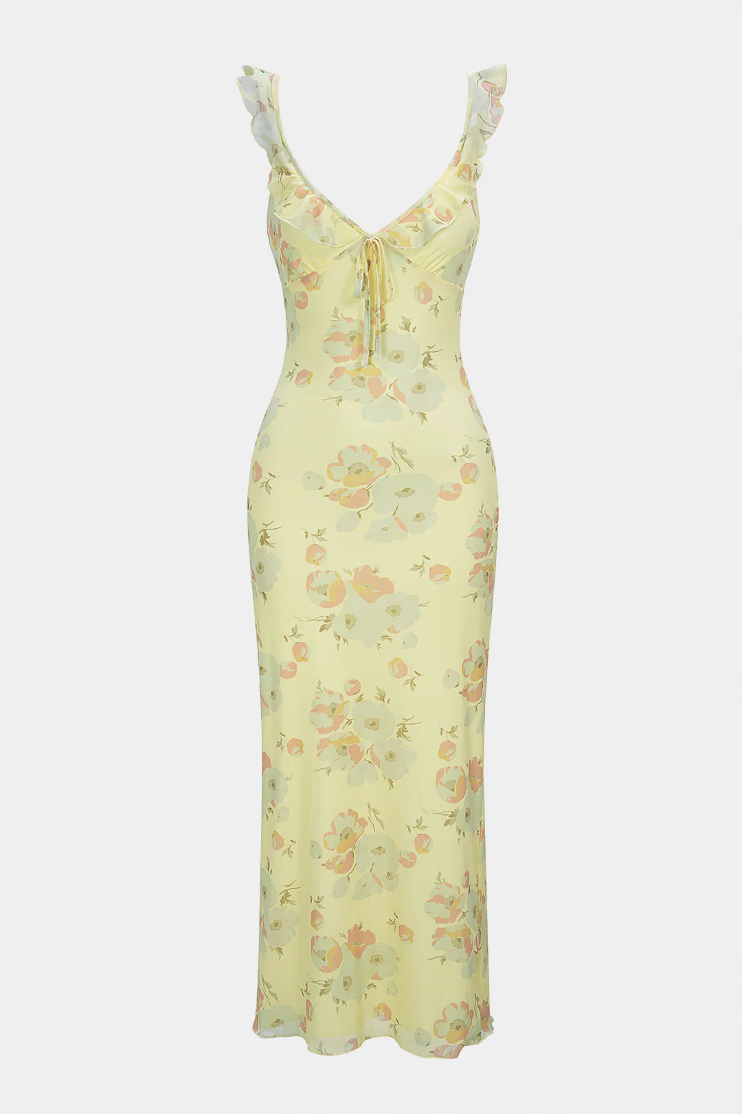 Floral Print V-Neck Tie-Up Ruffle Sleeveless Maxi Dress - Flockneti