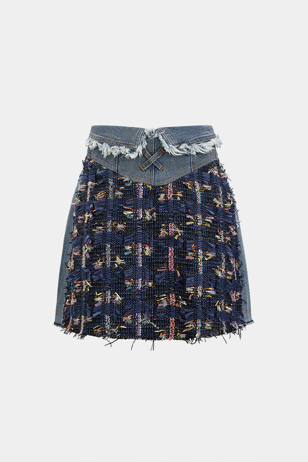 Denim Jacquard Patchwork Frayed Pocket Mini Skirt - Flockneti