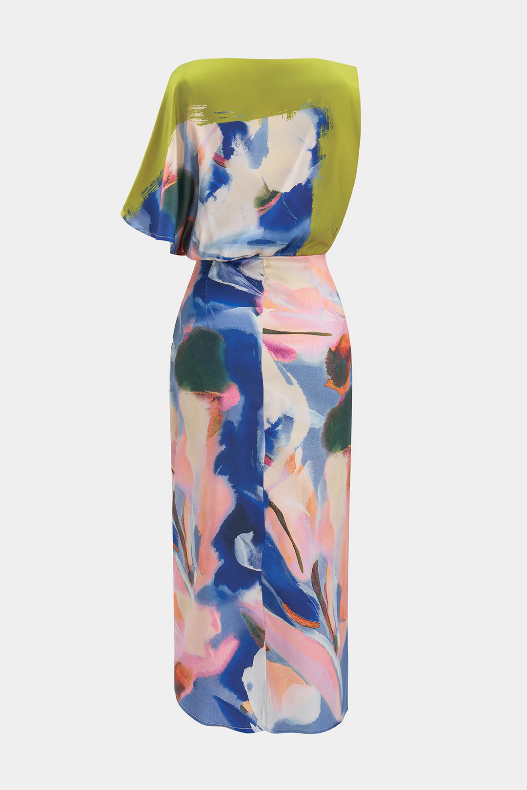 Abstract Print Satin Asymmetrical Short-Sleeve Maxi Dress - Flockneti
