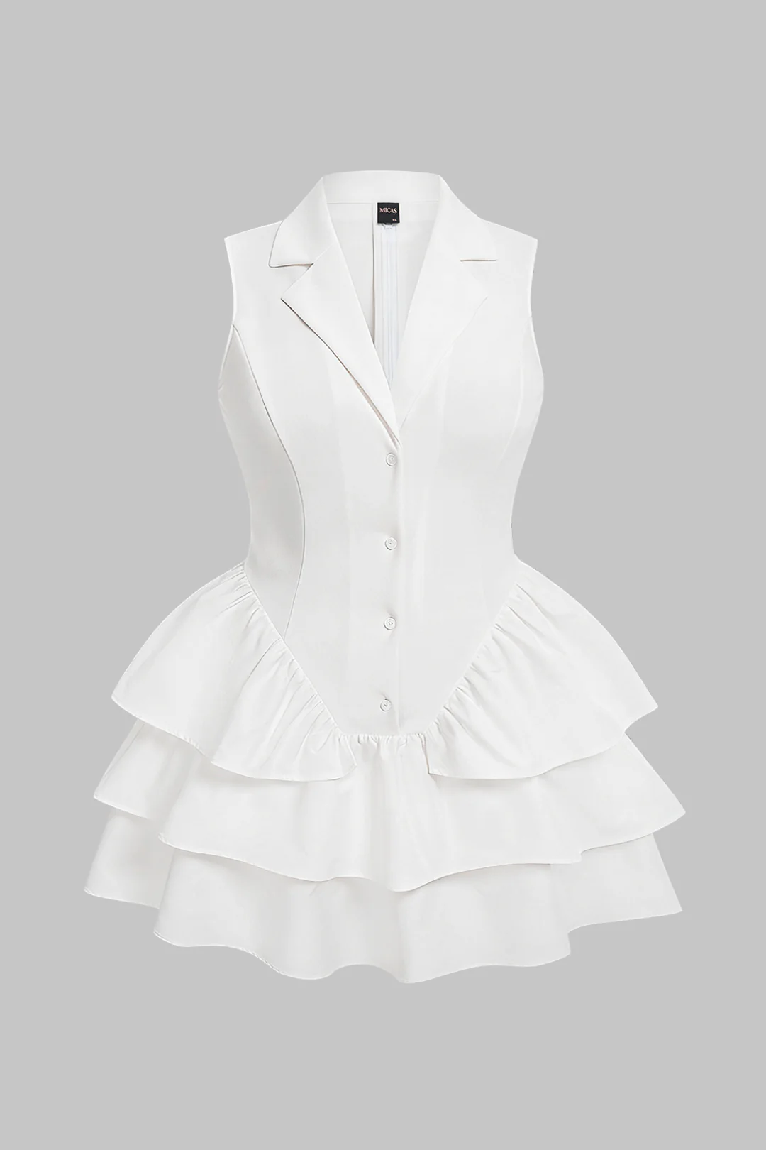 Plus Size Notched Lapel Scallop Edge Ruched Sleeveless Mini Dress - Flockneti