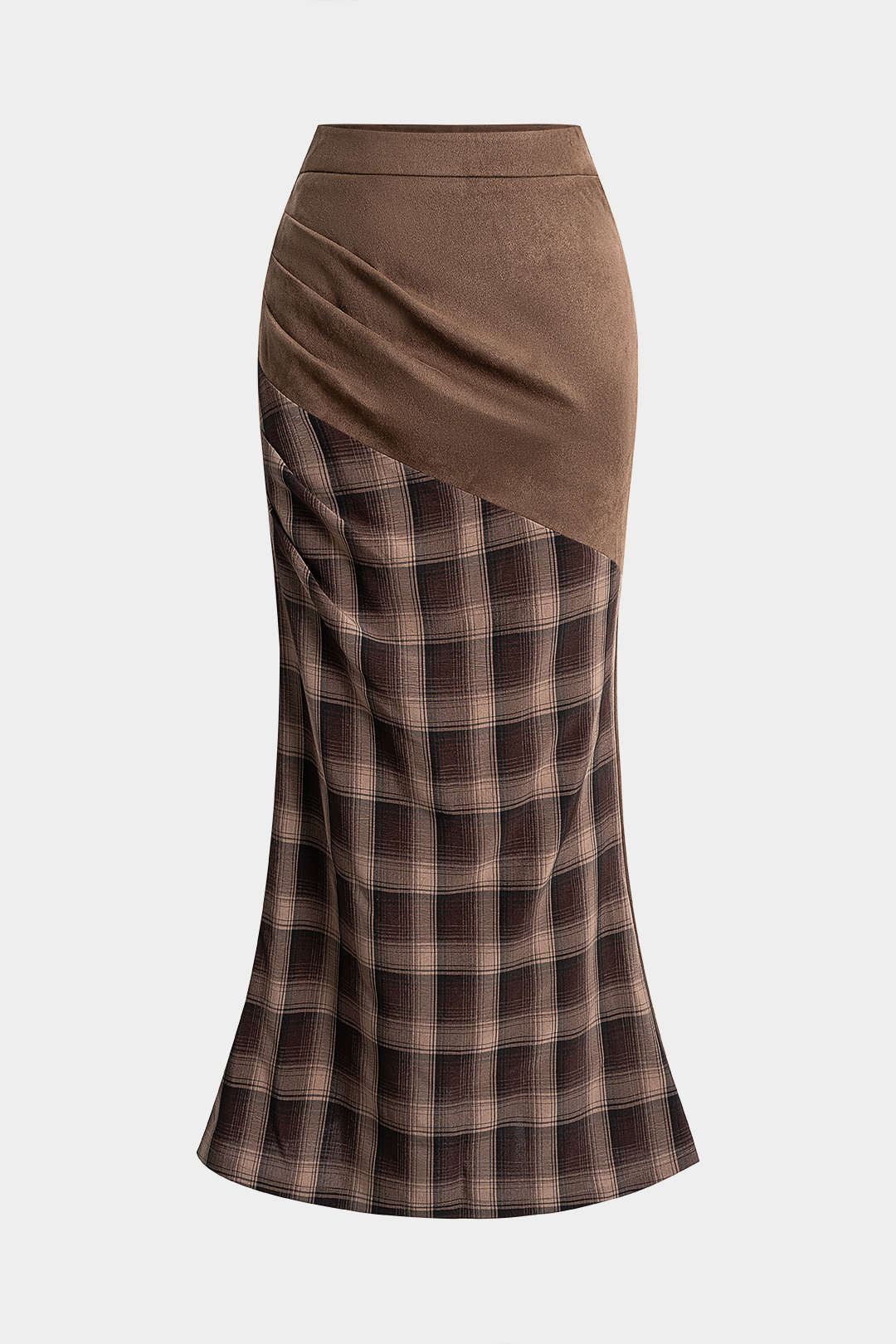 Suede Patchwork Plaid Print High Waist Skirt - Flockneti