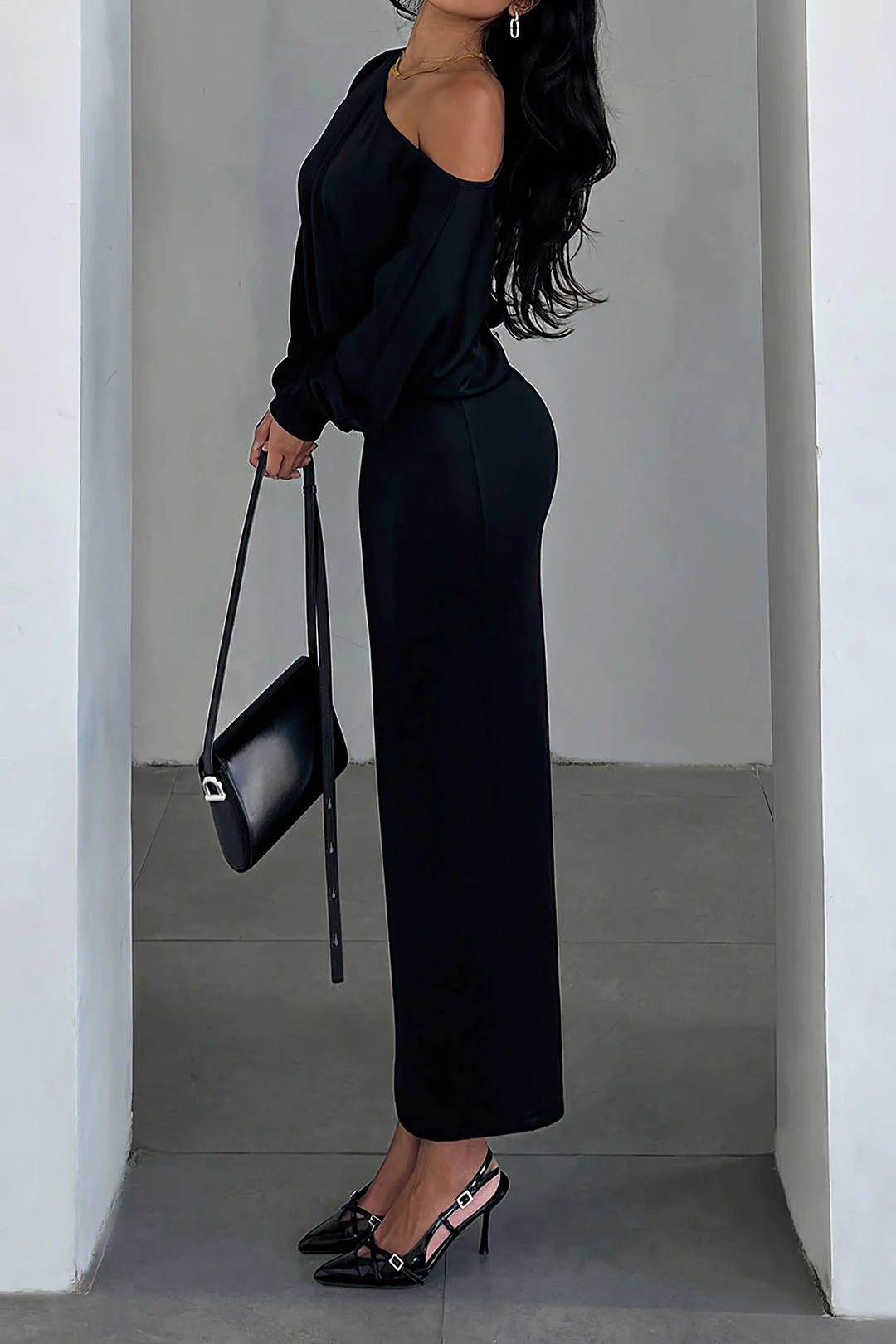 One Shoulder Long Sleeve Midi Dress - Flockneti