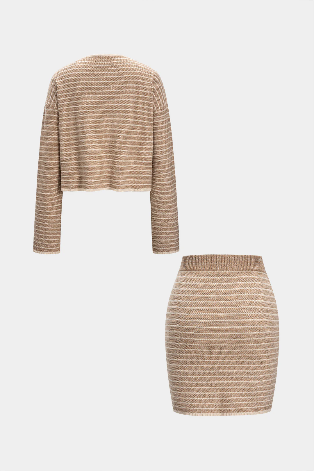 Knit Stripes Print Button Long-Sleeve Top And Mini Skirt Set - Flockneti