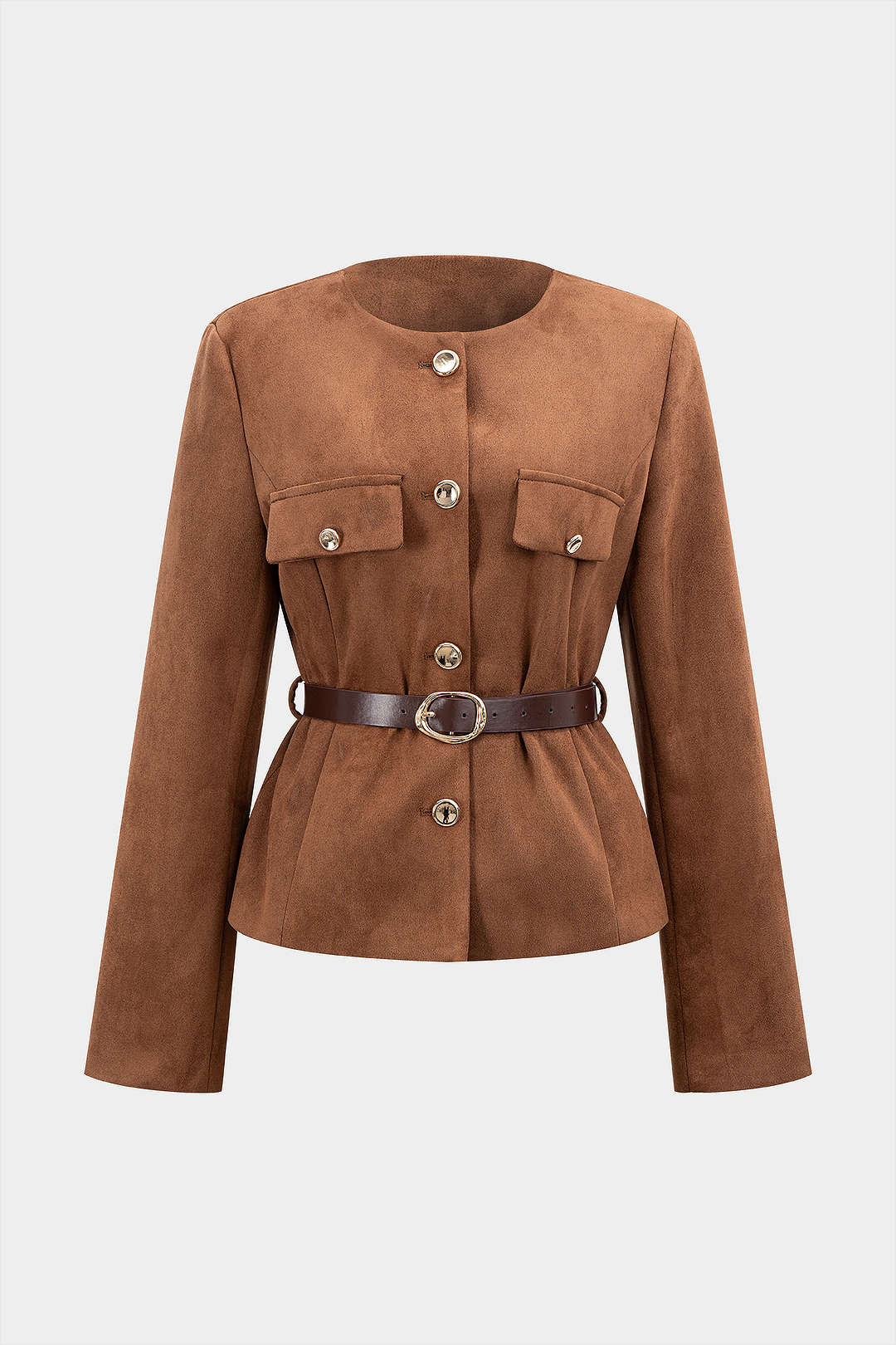 Suede Metallic Button Belted Jacket - Flockneti