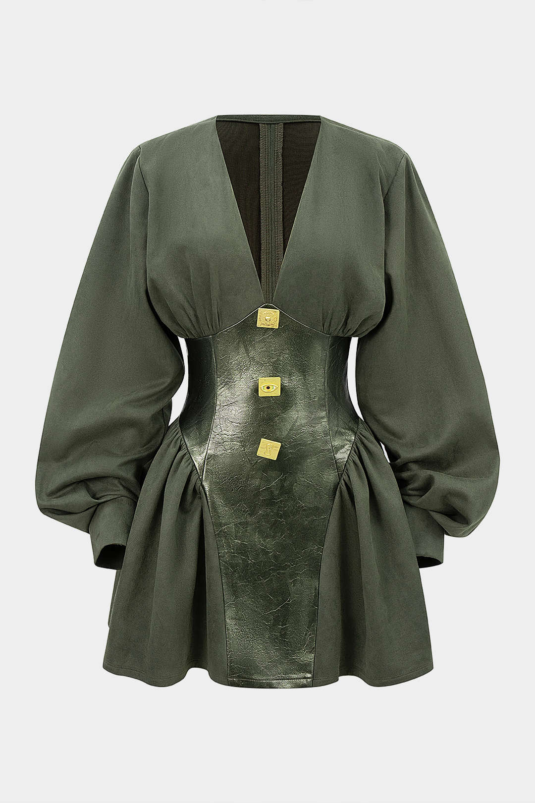 Faux Leather Patchwork Metallic Button Ruched Long Sleeve Mini Dress - Flockneti