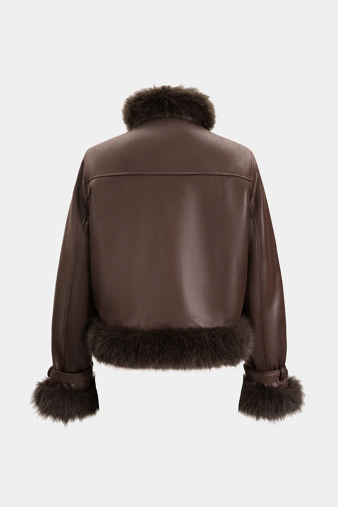 Faux Leather Fur Patchwork Stand Collar Jacket - Flockneti