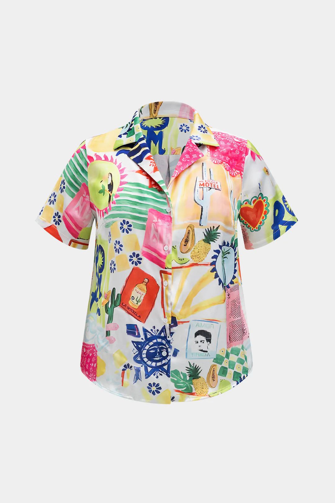 Plus Size Satin Pop Art Pattern V-Neck Short-Sleeve Shirt - Flockneti