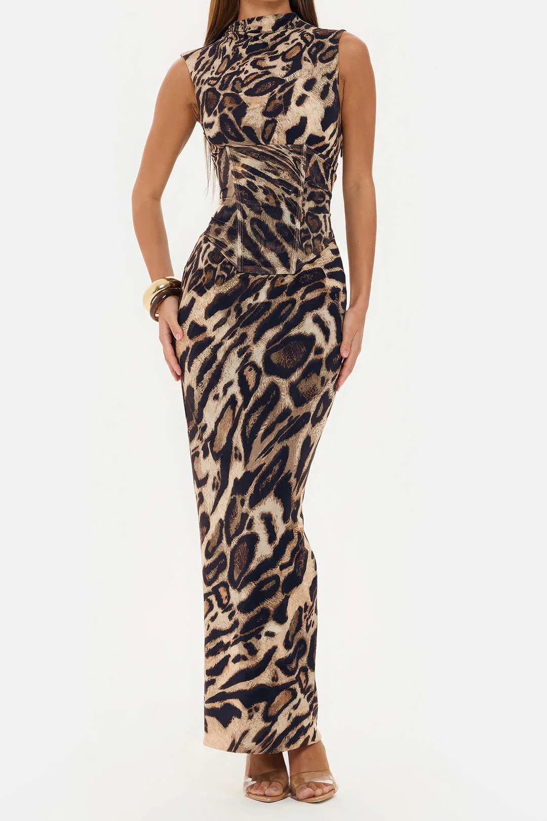 Leopard Print Mock Neck Tie Back Corset Sleeveless Maxi Dress - Flockneti