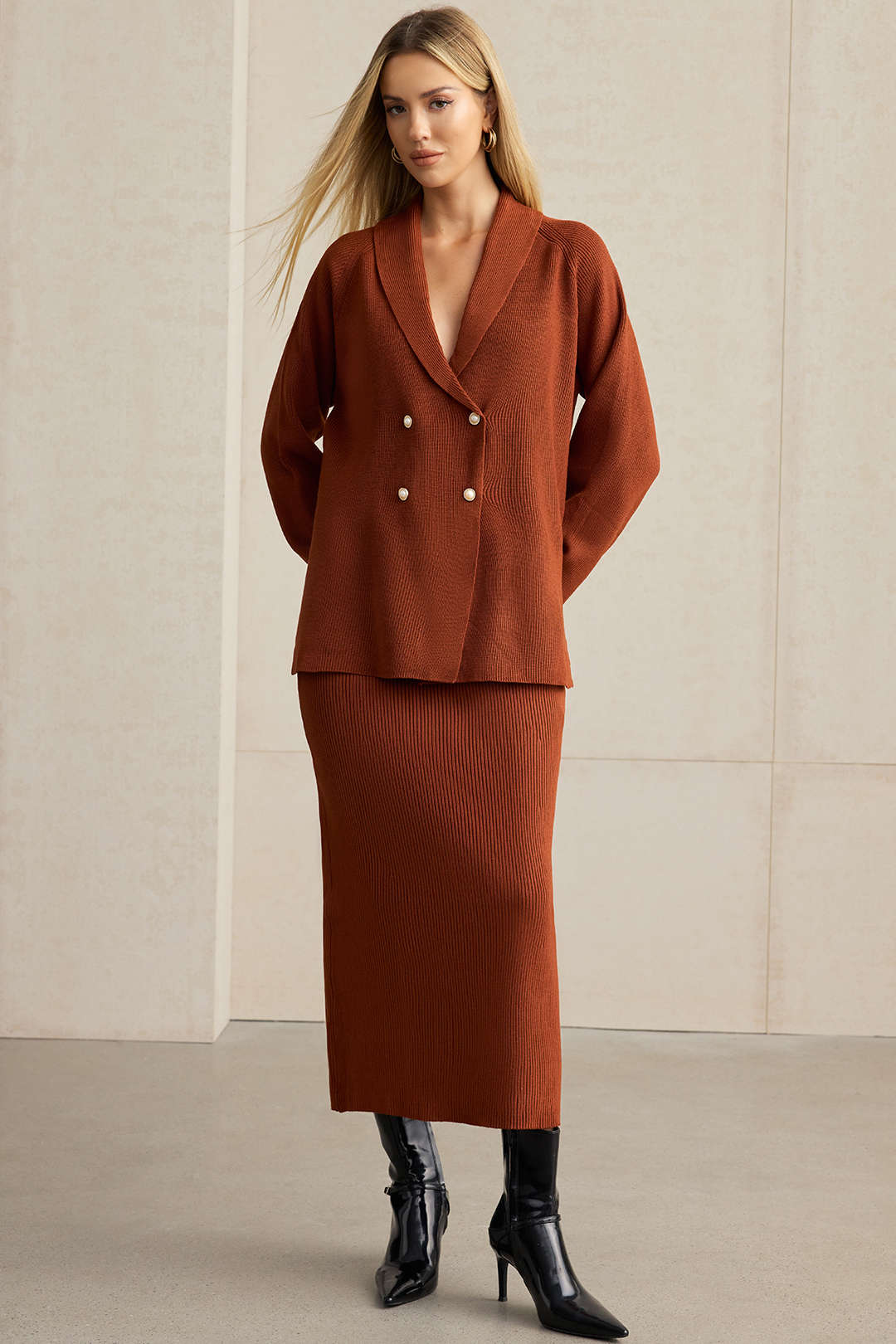 Knit Double-Breasted Lapel Cardigan And Skirt Set - Flockneti