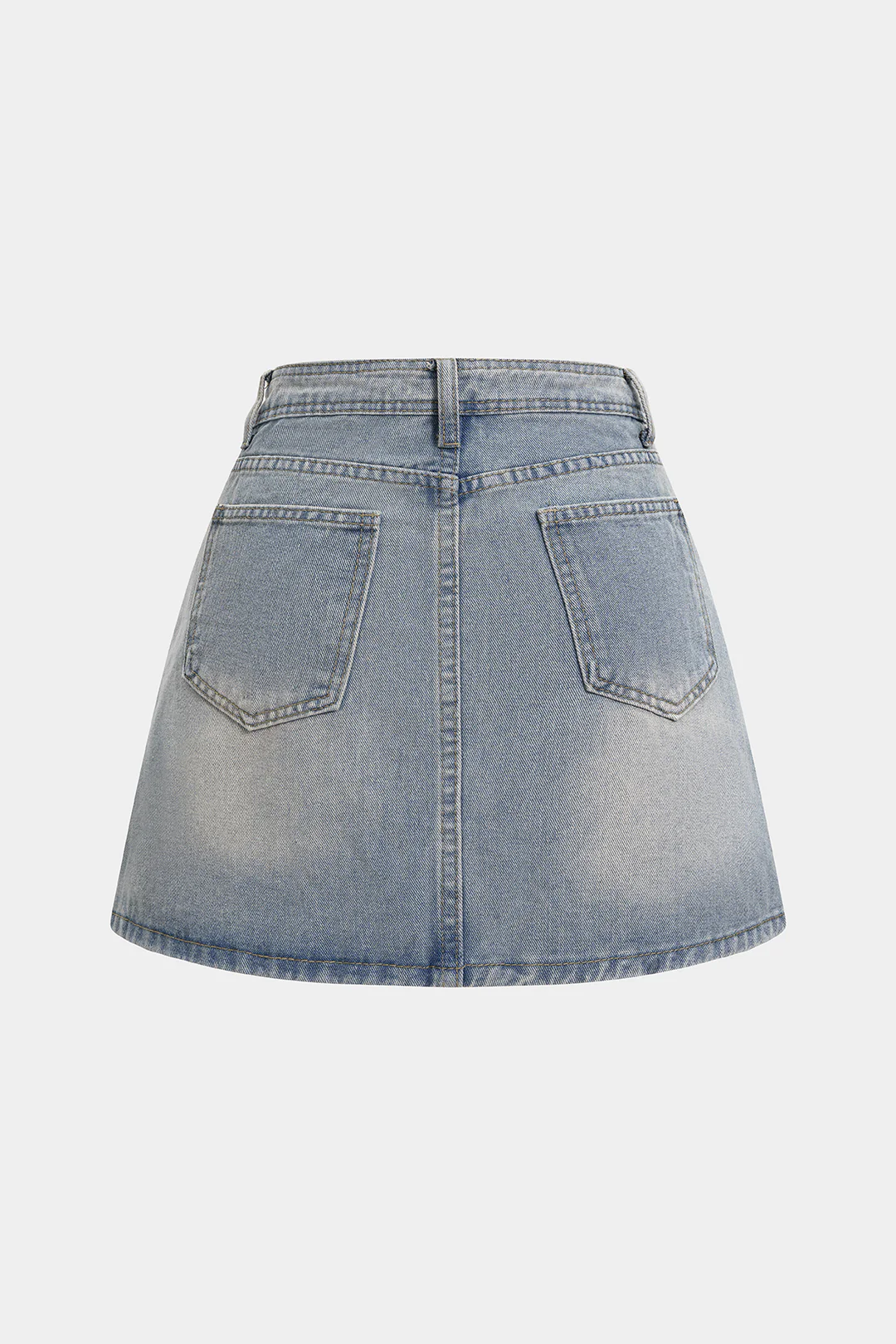 Denim Patchwork Lace Trim Asymmetrical High Waist Skirt - Flockneti