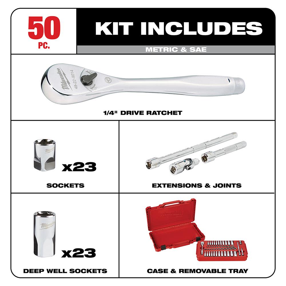 Milwaukee 1/4 in. Drive 50 pc. Ratchet & Socket Set – SAE & Metric - Flockneti