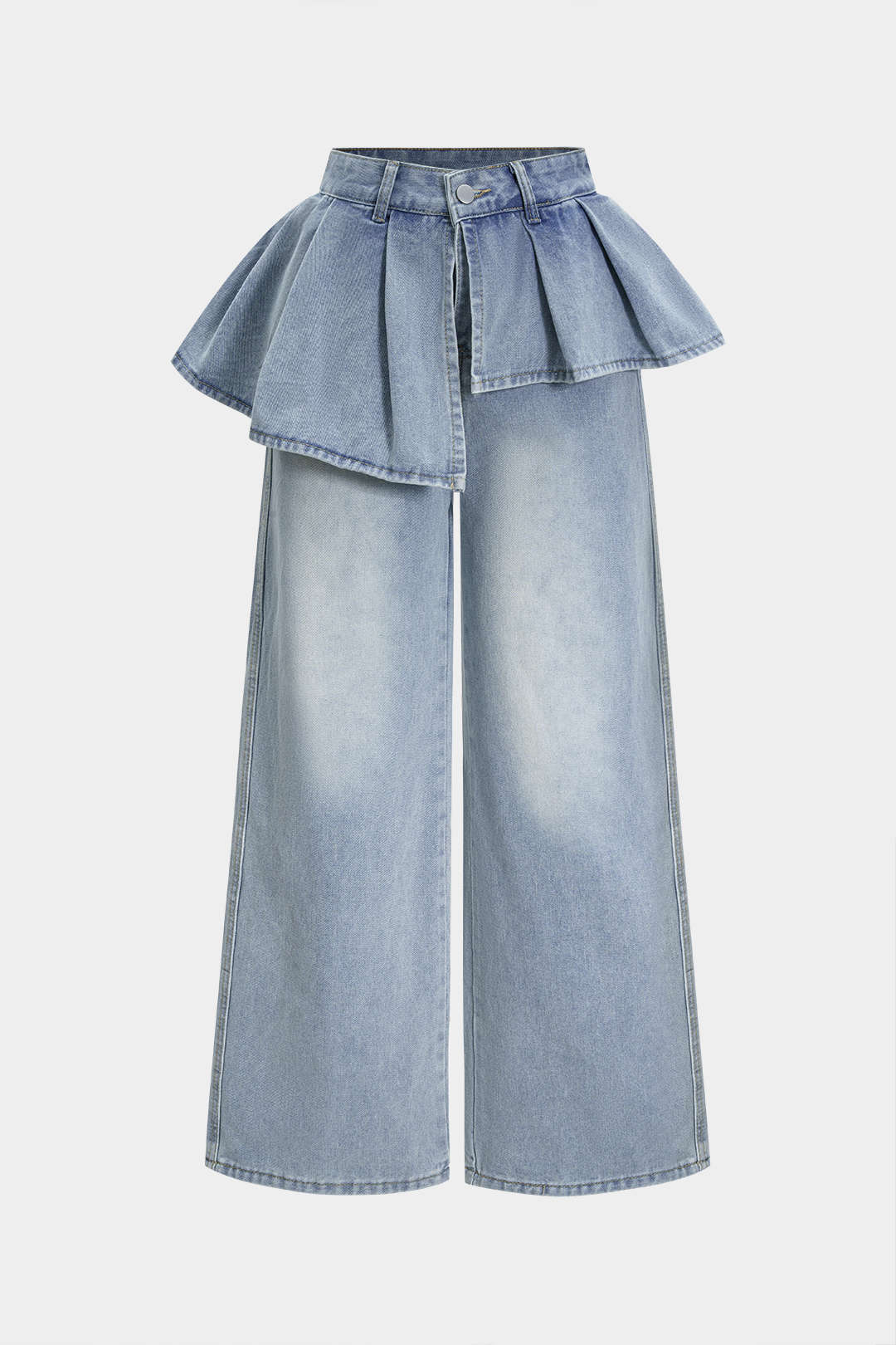 Denim Ruffle Pocket Straight Leg Trousers - Flockneti