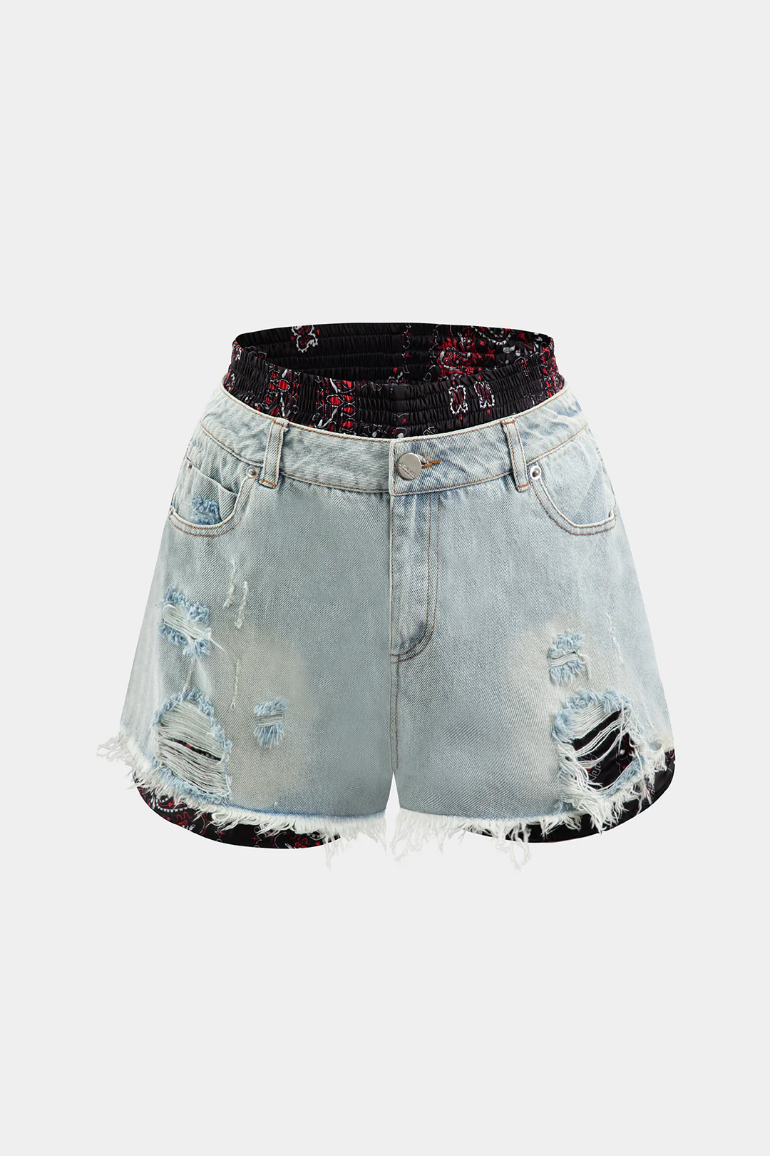 Denim Ripped Double Waistband Patchwork Shorts - Flockneti
