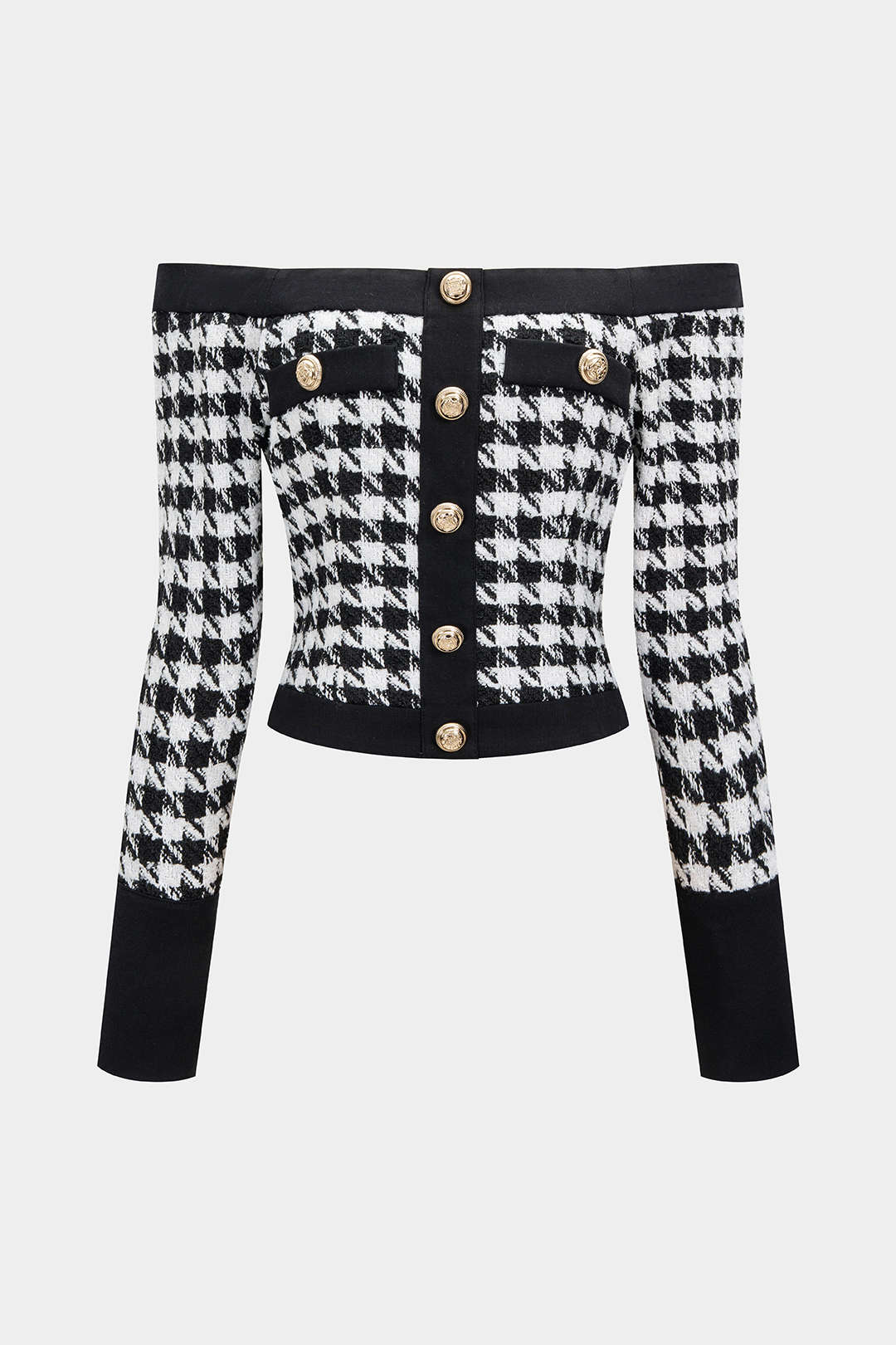Houndstooth Print Off Shoulder Woolen Button Long-Sleeve Top - Flockneti