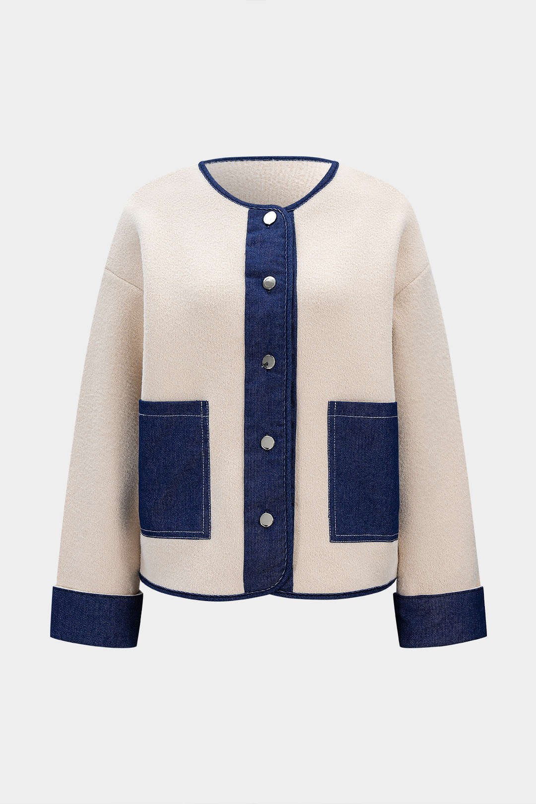 Knitted Denim Patchwork Pocket Cardigan - Flockneti