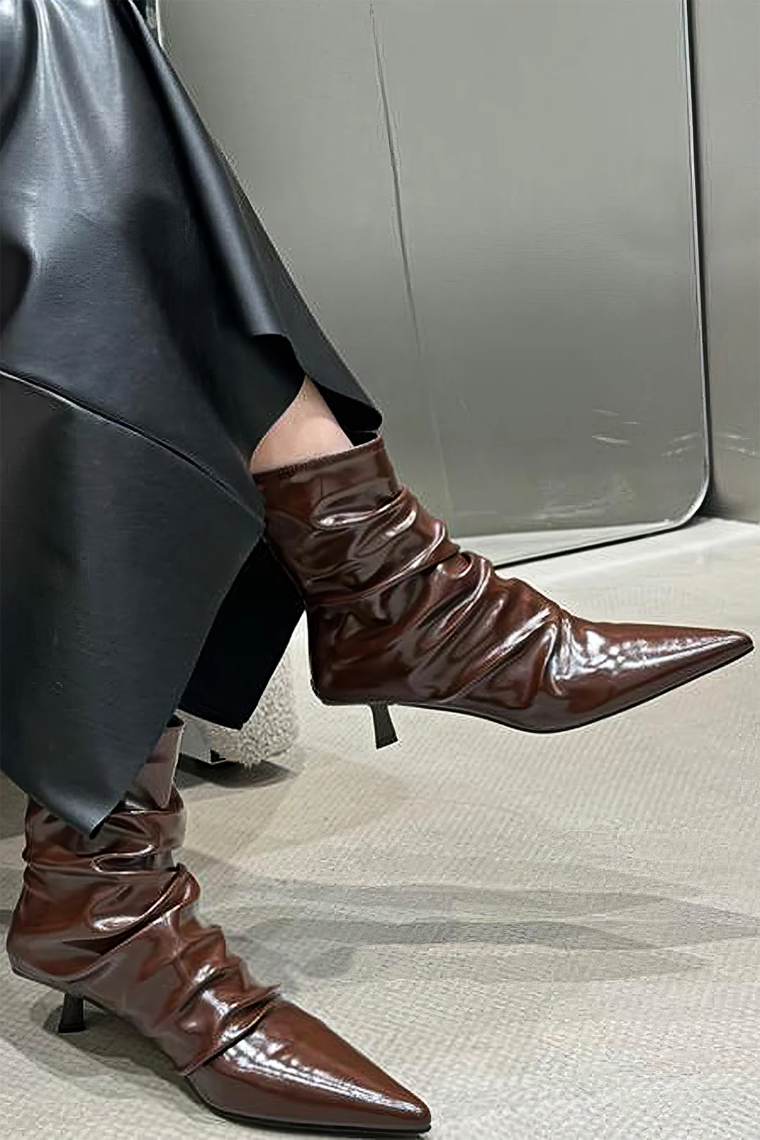 Wrinkled Faux Leather Pointed Ankle Boots - Flockneti