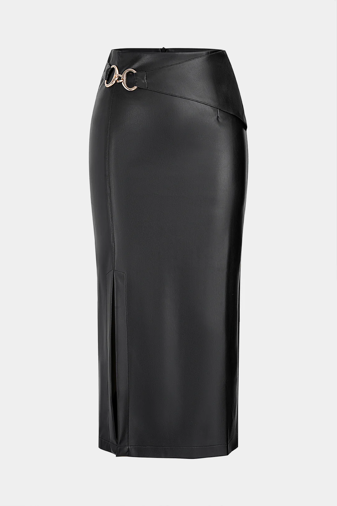 Faux Leather Metallic Buckle Slit Skirt - Flockneti