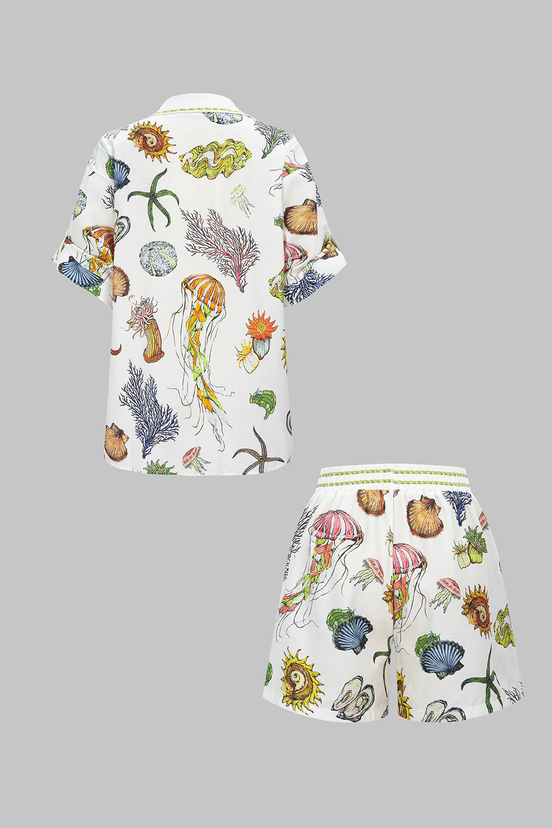 Ocean Print Button Short Sleeve Shirt And Shirred Waistband Shorts Set - Flockneti