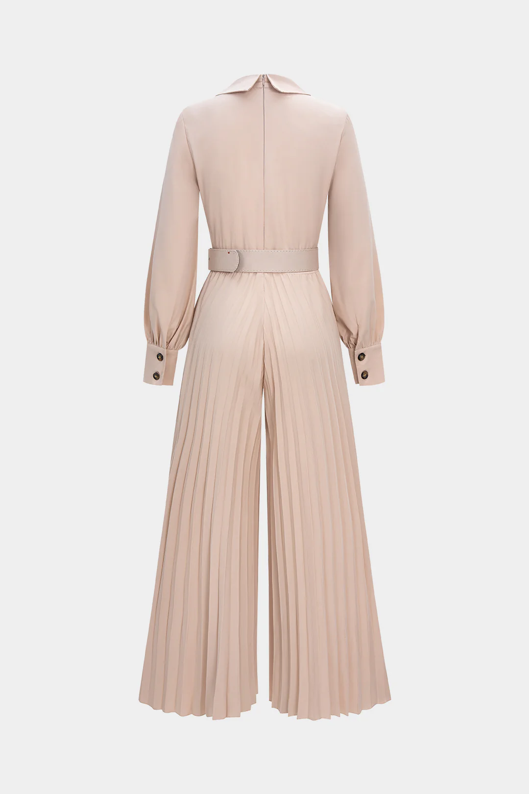 Pleated Belted Wide Leg Long Sleeve Jumpsuit - Flockneti