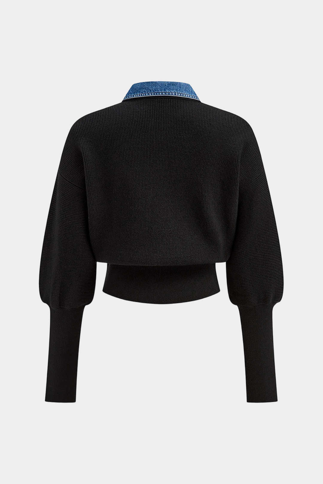 Knit Denim Patchwork Button Gigot Long-Sleeve Top - Flockneti