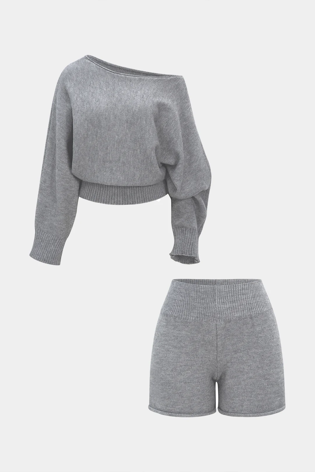 Boat Neck Sweater Long-Sleeve Top  And Shorts Set - Flockneti