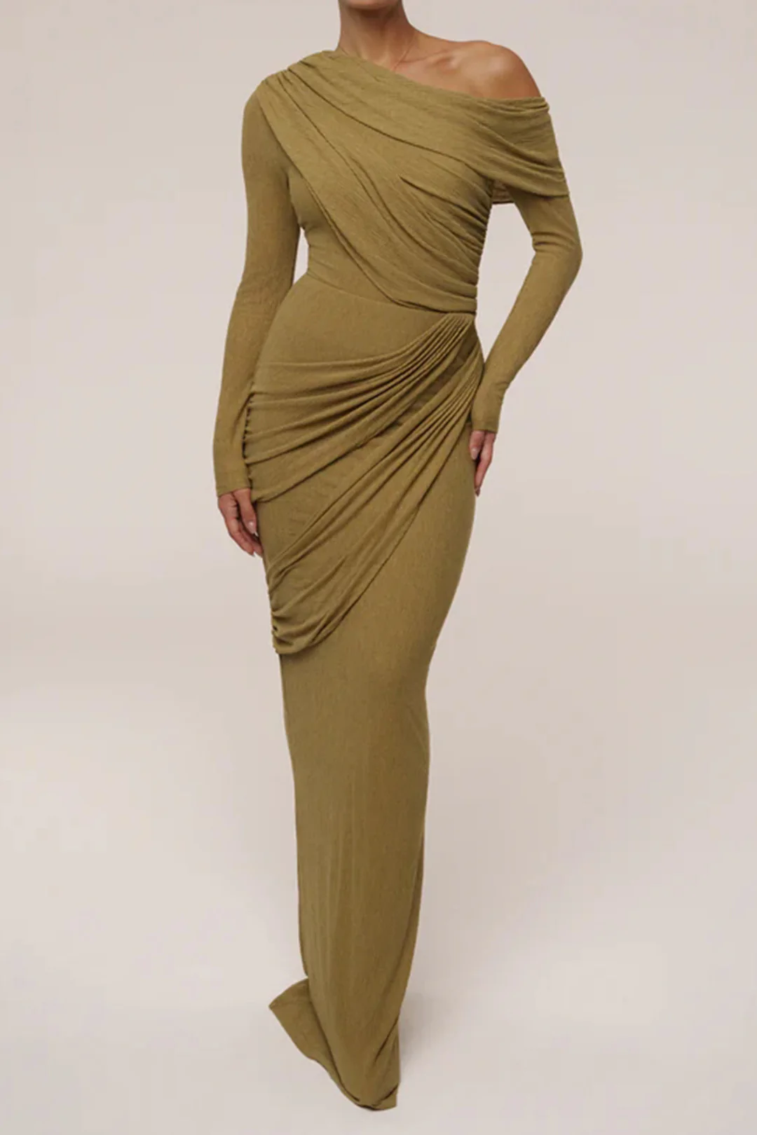 One Shoulder Ruched Long-Sleeve Top And Skirt Set - Flockneti