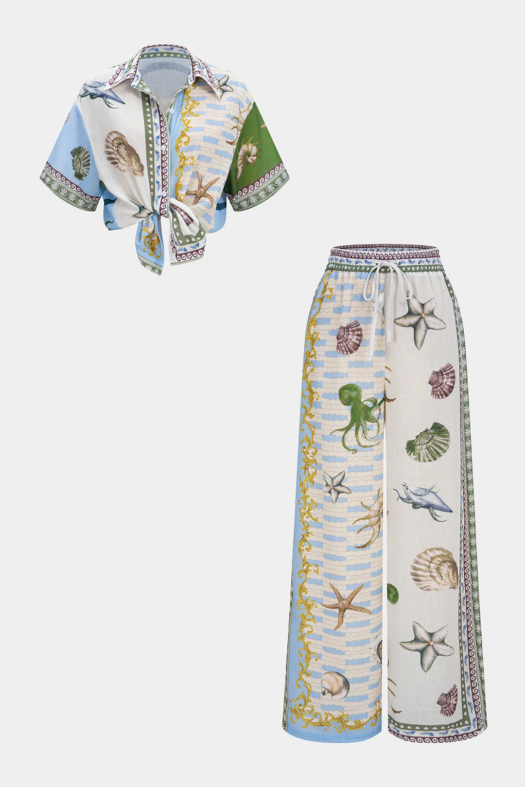 Ocean Print Satin Button Short Sleeve Shirt And Shirred Waistband Wide Leg Pants Set - Flockneti
